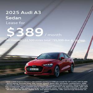 Angled profile of 2025 Audi A3 parked